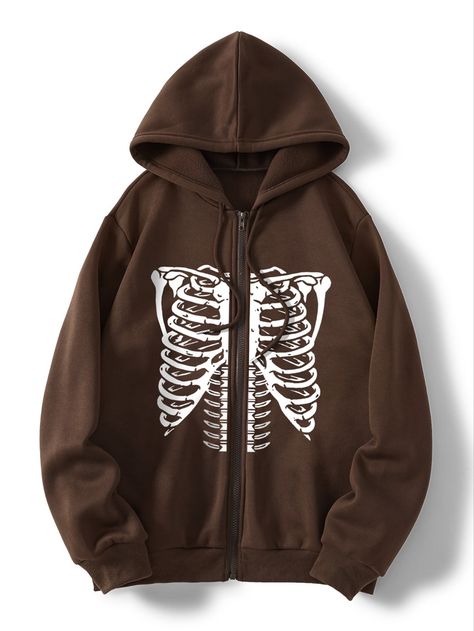 Good Shien Clothes, Brown Skeleton Hoodie, Skeleton Sweater Zip Up, Ribcage Hoodie, Clothes From Shein, Skeleton Hoodie, Womens Sweatshirts, Stylish Hoodies, Women Sweatshirts