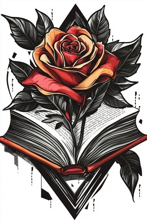 Tattoo idea: tattoo sketch Rose growing from an open book. 3d tatto 3 Tarot Card Tattoo, Rose Thorns, Rose Sketch, New Tattoo Designs, Deer Stand, Extreme Close Up, Open Rose, Sugar Skull Tattoos, Card Tattoo