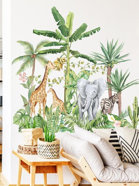 Kids Room Wall Murals, Animal Kids Room, Animal Bedroom, Palm Trees Wallpaper, Kids Room Murals, Children Room Boy, Jungle Nursery, Animal Wall Decals, Removable Wall Stickers