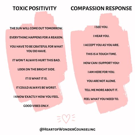 Toxic Positivity vs Compassion Response. Words Of Compassion, Toxic Positivity Vs Healthy Positivity, How To Support Someone Mental Health, Toxic Responses, Toxic Positivity Quotes, Positive Responses, Toxic Positivity, Mental And Emotional Health, Healthy Mind