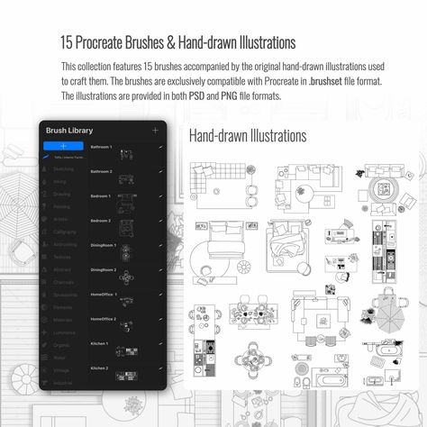 Procreate furniture plan brushes, illustrations & templates for creating beautiful furniture designs. #procreate #furniture . #Brush_Sets #Furniture_Plan_View #Procreate_Outline #Procreate_Free Furniture Plan View, Procreate Outline, Artist Bedroom, Free Procreate, Illustrator Brushes, Procreate Brushes Free, Procreate Art, Free Brush, Eye Brushes