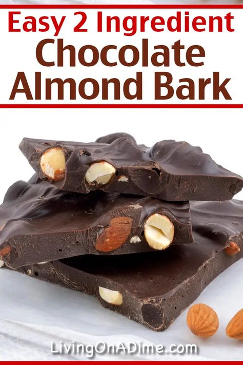 This 2 ingredient chocolate almond bark recipe makes a rich and delicious classic almond bark treat! I prefer making it with dark chocolate and salted almonds! Yum! Find this and lots more easy Christmas candy recipes with 2 ingredients here! Keto Sweet Snacks, Almond Bark Recipes, Chocolate Covered Potato Chips, Salted Almonds, Christmas Candy Easy, Easy Christmas Candy Recipes, Easy Fudge, Easy Candy Recipes, Christmas Candies