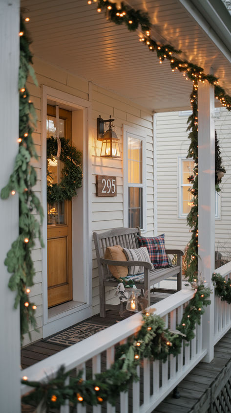 Transform your porch into a cozy holiday haven with these Christmas porch decorating ideas! From wreaths to twinkling lights, make your home’s entrance festive and warm. #ChristmasPorchDecor #ChristmasPorchIdeas #FrontPorchChristmas Double Porch Christmas Decor, Old House Christmas Decor Front Porches, Holiday Lights Outdoor Porch, Decorating A Pergola For Christmas, Porch Light Decorations Christmas, Christmas Lights Porch Railing, Garland Front Porch Christmas, Southern Porch Christmas Decor, Front Porch Christmas Columns