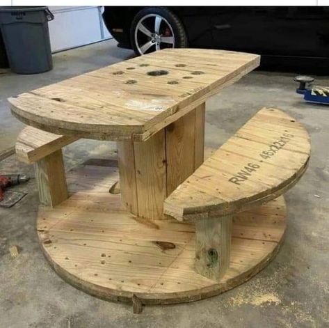 Recycle, Reuse and Repurpose! | My new picnic table made from a wire spool | Facebook Wire Spool Outdoor Table, Spool Fire Pit Table, Wood Spool Ideas, Spool Table Ideas, Electrical Spools, Cable Reel Table, Wire Spool Tables, Recycled House, Spool Tables