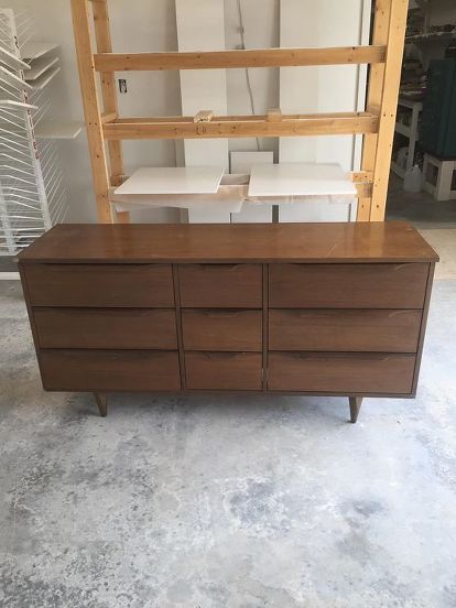 mcm mid century modern dresser recieves a superior makeover Refinish Mid Century Furniture, Midcentury Modern Dresser Diy, Mid Century Dresser Bedroom, Mid Century Dressers, Mod Century Modern Dresser, Diy Mcm Dresser Makeover, Walnut Dresser Makeover, 9 Drawer Mcm Dresser Makeover, Black Mcm Dresser