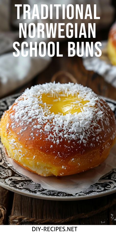 Make traditional Norwegian school buns at home with this easy recipe. Sweet pastry cream and coconut topping! Norwegian School Bread Recipe, Norwegian Baked Goods, Skoleboller Recipe, Norwegian Desserts Traditional, Danish Recipes Traditional, Norwegian Pastry, Swedish Recipes Traditional, Norwegian Food Recipes, School Bread Recipe