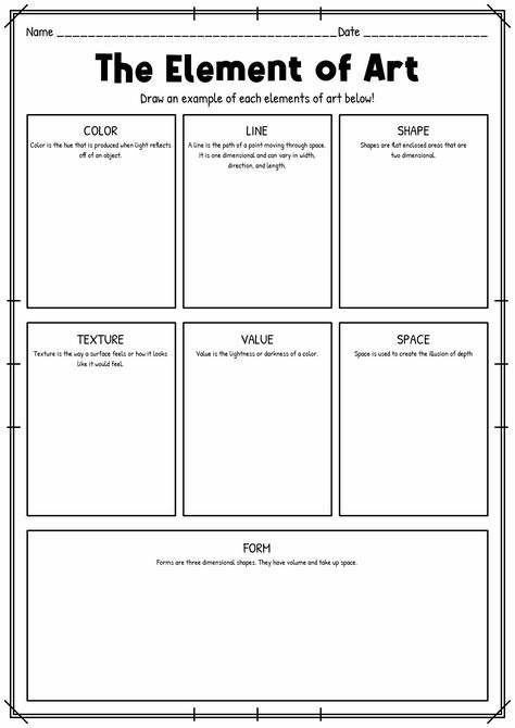 Middle School Art Worksheets Free Printable, Elements Of Art Worksheet Middle School, Elements Of Art Printable, Art Teacher Worksheets, Meet The Artist Worksheet, Element Of Shape Art Projects, Elements Of Art Line Worksheet, Art Lesson Plans For Elementary Free Printable, Elements Of Art Lesson