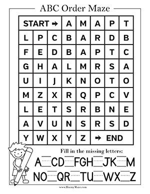 Learning Alphabetical Order can be fun with these free maze and handwriting worksheets.  Children work their way through the alphabet by coloring each square until they reach the end of the maze.  Then children fill in the missing letters of the uppercase alphabet. Alphabet Worksheets For Grade 1, Fill In The Missing Letter Worksheets, Alphabet Mazes Free Printables, Alphabet Order Worksheets, Alphabet Puzzles Free Printable, Color By Alphabet, English Alphabet Worksheets, Fun Alphabet Activities, Alphabetical Order Worksheets