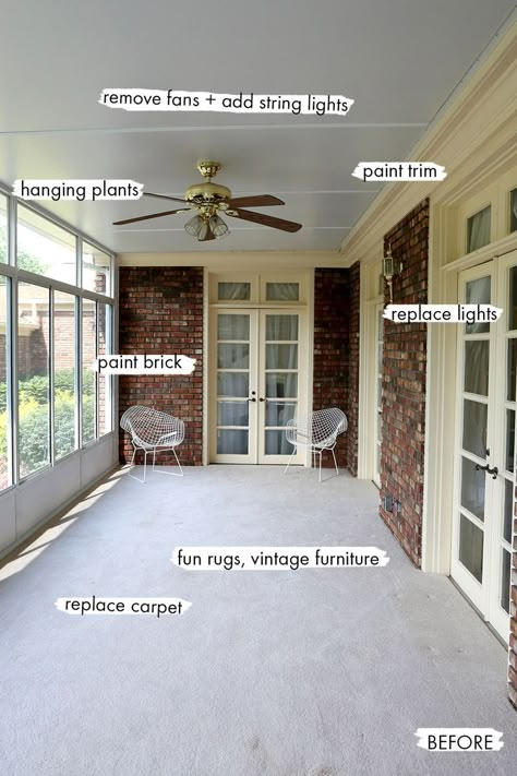 Sunroom BEFORE Sun Porch Guest Room, Turning Porch Into Sunroom, Sunroom In Front Of House, Low Ceiling Sunroom, Back Sunroom Ideas, Closing In Back Porch Ideas, Enclosed Porch Office Ideas, 3 Season Room Ideas Sunroom Cozy, Sunroom Addition Off Living Room French Doors