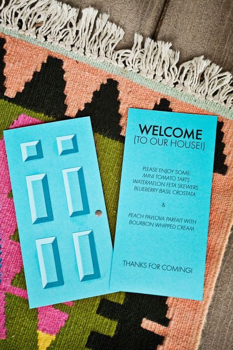 Make your own paper door for a party invite or menu (click through for template) Housewarming Party Themes, Housewarming Party Games, Housewarming Party Ideas, Housewarming Ideas, Open House Parties, Housewarming Party Invitations, Elsie Larson, House Warming Party, House Warming Invitations