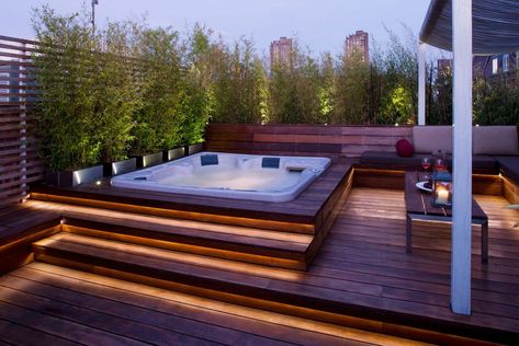 15 Deck Lighting Ideas for Every Season Jacuzzi Deck, Piscina Container, Modern Hot Tubs, Hot Tub Deck Design, Hot Tub Landscaping, Hot Tub Designs, Hot Tub Patio, Outdoor Hot Tub, Relaxing Backyard