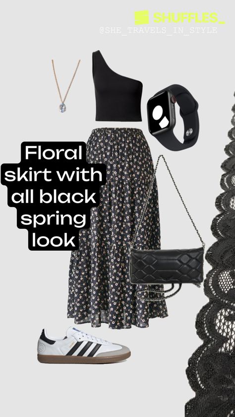 Created by she_travels_in_style on Shuffles Curated Outfit, Skirt Fits, Spring Looks, Black Skirt, Black Outfit, Travel Style, All Time, Floral Skirt, All Black