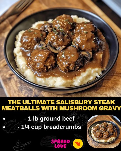 The Ultimate Salisbury Steak Meatballs with Mushroom Gravy Ultimate Salisbury Steak Meatballs, Salsberry Steak Meatballs With Gravy, Crockpot Meatball Salisbury Steak, The Ultimate Salisbury Steak Meatballs With Mushroom Gravy, Salisbury Steak Meatballs And Mushroom Gravy, Mushroom Meatballs Crockpot, Mushroom Gravy Meatballs, Salisbury Steak Meatballs With Mushroom Gravy, Meatballs Mushroom Gravy