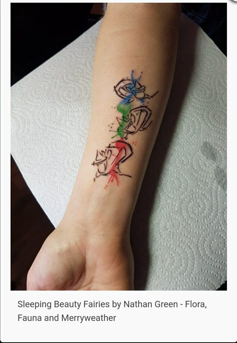 Disney Tattoo Sleeve, Disney Outline, Sleeping Beauty Tattoo, Disney Watercolor Tattoo, Flora Fauna And Merryweather, Papa Tattoo, Disney Inspired Tattoos, Disney Sleeve Tattoos, Disney Tattoo Ideas