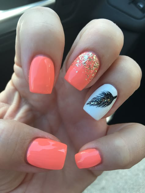 Coral nails with gold glitter; white and black hand painted feather accent nail. Nails With Feathers, Orange Nails With Accent Nail, Coral Nails With White Tips, Ombre Nails Coral And White, White And Coral Nails, Nails With Feather Design, Gold And Coral Nails, Black Summer Nails 2024, Coral White And Gold Nails