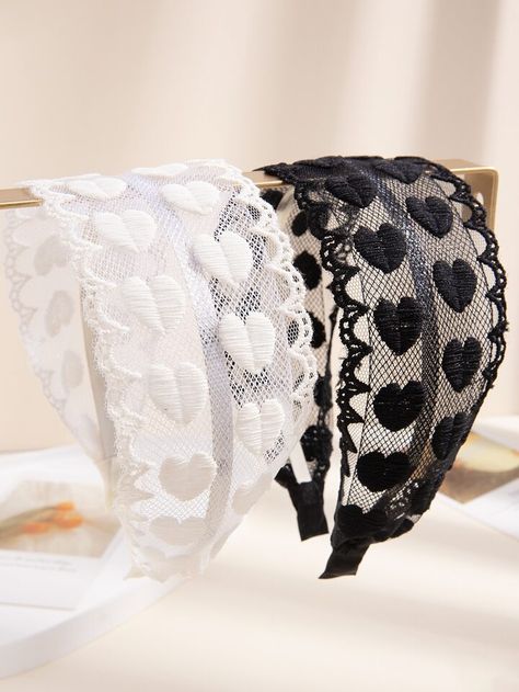 Free Returns ✓ Free Shipping✓. 2pcs Heart Embroidered Lace Decor Headband- Headbands at SHEIN. Lace Hairband, Embellished Headbands, Hair Jewels, Lace Heart, Lace Decor, Lace Headbands, Lace Hair, Wide Headband, Lace Bows