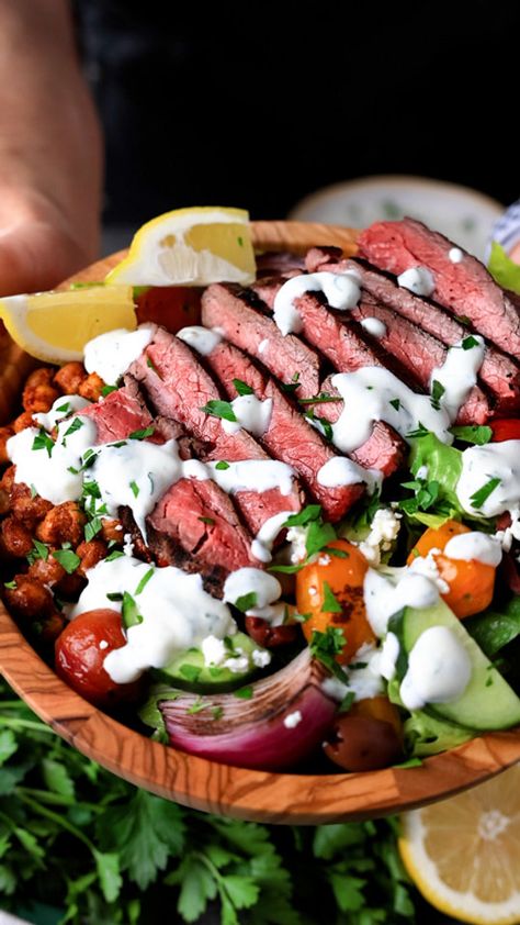 Mediterranean Steak Bowl Mediterranean Steak Salad, Mediterranean Steak Bowl, Mediterranean Steak Recipes, Mediterranean Steak, Steak Bowl, Mediterranean Bowl, Mediterranean Bowls, Fresh Ingredients, Steak Recipes