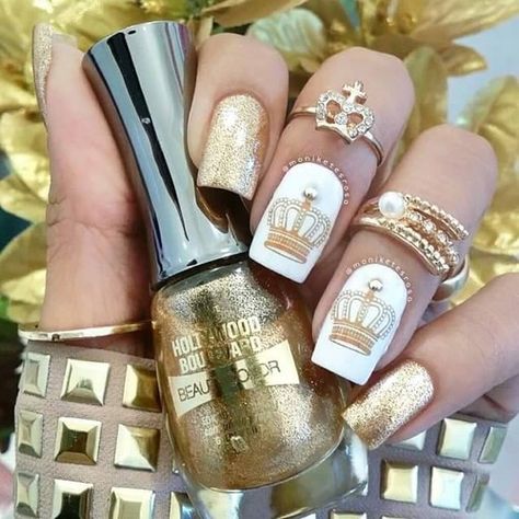 Crown Nail Art, Crown Nails, Queen Nails, Nail Design Video, Golden Nails, Pretty Nail Colors, Pretty Nail Designs, Best Nail Art Designs, Unique Nails