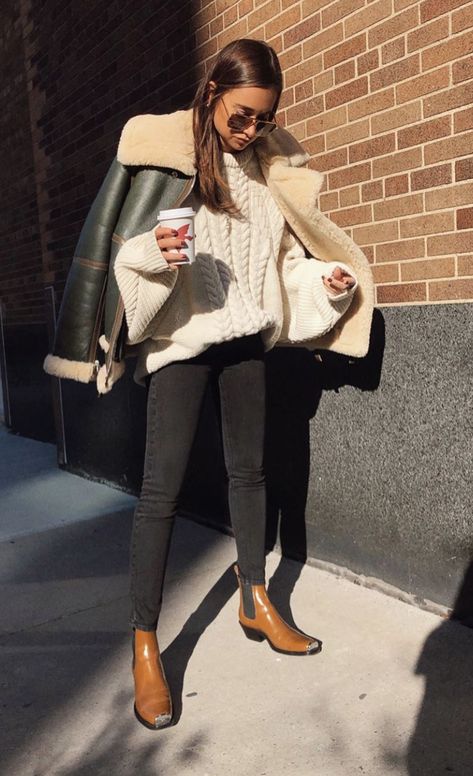 fur lined leather coat, paired white a oversized white sweater,  black jeans and brown ankle boots  #weworewhat #newyorkfashion  #city #streetstyle #fallfashion #layers #fashion #2019 #fashionblogger #style #fallstyle #warmclothes Leather Ankle Boots Outfit, Black Jeans Brown Boots, City Fall Outfits, Cognac Boots Outfit, Brown Boots Womens, Brown Chelsea Boots Outfit, Leather Booties Outfit, Outfits With Black Jeans, Brown Ankle Boots Outfit