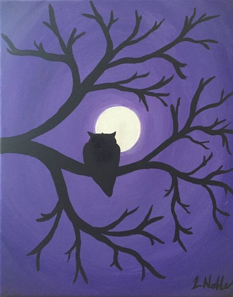 Easy Owl Painting, Moonlight Acrylic Painting, Simple Owl, Cute Easy Paintings, Moonlight Painting, Purple Owl, 4x6 Prints, Owl Painting, Owl Art