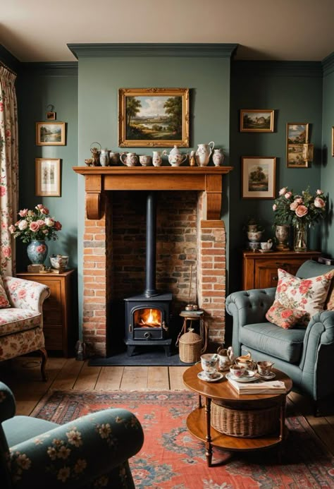 Traditional English Cottage Vibes 1 English Cottage Wood Stove, Victorian Living Room Brick Fireplace, Cottage Traditional Living Room, Maximalist English Cottage, Small Living Room Cottagecore, Fireplace Den Ideas, Small Victorian Interior, Cottage Green Living Room, Pine Furniture Living Room