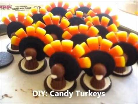 DIY: Candy Turkey Treats! (No bake) - YouTube Candy Turkey Crafts, Candy Turkeys For Kids, Turkey Candy Crafts, Turkey Made Out Of Candy, Turkey Candy Treats, Turkey Cookies With Fudge Stripe Cookies, Oreo Turkey Cookies, Candy Turkeys For Thanksgiving, Thanksgiving Vegetable Tray