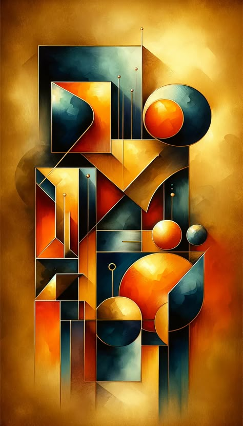 An art piece rich in geometric abstraction, displaying a composition of squares, triangles, and circles in deep blues and vibrant oranges, all set against a textured golden backdrop. The arrangement hints at the golden ratio, with elements carefully balanced to create a sense of mathematical beauty and aesthetic pleasure. Gemotrical Design Shape, Golden Ratio Wallpaper, Proportion Art Design, Harmony Design Principle Art, Harmony Art Design, Golden Ratio Composition Art, The Golden Ratio Art, Organic Vs Geometric Shapes Art, Principles Of Design Proportion