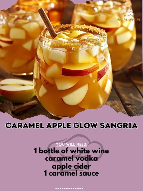 🍎✨ Get ready for a flavor explosion with our Caramel Apple Glow Sangria! Perfect for fall gatherings 🍂🍷 Caramel Apple Glow Sangria Ingredients: - 1 bottle of white wine (750ml) - 1 cup caramel vodka - 2 cups apple cider - 1/4 cup caramel sauce - 2 apples, sliced - 1 orange, sliced - Cinnamon sticks for garnish Instructions: 1. In a large pitcher, combine white wine, caramel vodka, apple cider, and caramel sauce. Stir well. 2. Add sliced apples and oranges to the pitcher and stir gently to ... Apple Pie Sangria Recipe Caramel Vodka, Apple Cider Sangria With Caramel Vodka, Crown Caramel Apple Drinks, Caramel Apple Sangria Recipes, Caramel Vodka Apple Cider, Carmel Vodka, Vodka Apple Cider, Autumn Beverages, Apple Pie Sangria