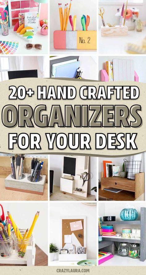 Need to organize all the stuff on your desk!? Check out these super creative DIY desk organizer ideas and tutorials to get your workspace looking perfect! Diy Desk Organizer Ideas, Desk Organizer Ideas, Homemade Desk, Kids Desk Organization, Diy Desk Organizer, Work Desk Organization, Diy Office Desk, Craft Organization Diy, Diy Bookends