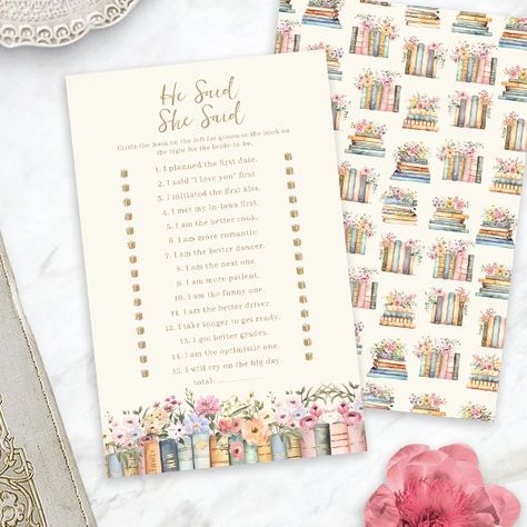 He Said She Said Bridal Game A New Chapter Begins Bridal Shower Theme, Bridal Shower Ideas Book Theme, Book Lover Bridal Shower Ideas, A New Chapter Bridal Shower Theme, Next Chapter Bridal Shower Theme, Love Story Bridal Shower Theme, Book Bridal Shower Theme, Book Themed Bridal Shower Ideas, Book Lovers Wedding