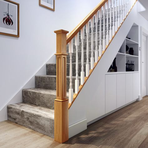 Small Upstairs Hallway, Square Newel Post, Wooden Staircase Railing, White Staircase, Stair Spindles, Parts Of Stairs, Building Stairs, Glass Stairs, Glass Staircase