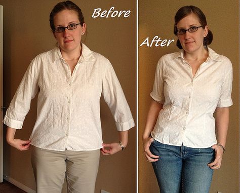 Basic Top Before & After by nosmallfeet, via Flickr Shirt Too Big Hacks, Shirt Alterations, Umgestaltete Shirts, Blouse Tutorial, Sewing Blouses, Sewing Alterations, Upcycle Sewing, Big Shirt, Shirt Refashion