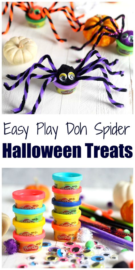 Super easy Non Candy Halloween Treats! Play Doh Spiders are perfect for Halloween Party Favors, Allergy Friendly Halloween Treats and more. | @suburbansoapbox #halloweentreats #noncandyhalloweentreats #nonfoodhalloweentreats #easyHalloweentreats #halloweentreatsforkids Halloween Treat Bag For Students, Halloween Class Treats Preschool, Play Doh Spiders, Halloween Treat For Preschoolers, Toddler Halloween Treats Non Candy, Halloween Preschool Treats Bags, Halloween Take Home Treats For School, Halloween Crafts For First Graders Party, Halloween Gift Bags For Kids No Candy