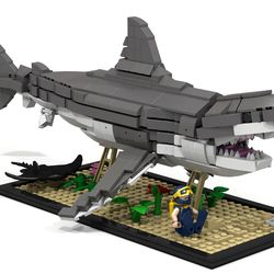 The great white shark, fear from the deep water. The most frightening shark seen in the movie Jaws. Introducing a Lego Wild Life serie dedicated to the Ocean: The Great White Shark, swimming over scared diver. This clean presentation nearly without pins and with a black bordured base as seen in the Lego Architecture serie will bring a piece of nature in your room, with a real feeling of movement. Spécifications: Stand with black flat bordures - Realistic look with only a few visible pins - Many Shark Lego, Mako Shark, Lego Architecture, The Great White, Lego Art, White Sharks, Great White Shark, Great White, Deep Water