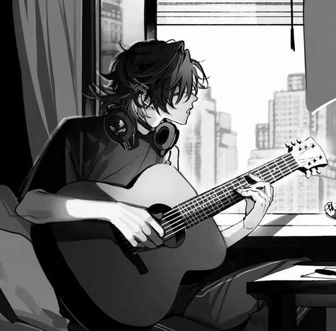 Scaramouche Guitar, Boy With Guitar Sketch, Yugo Asuma, Guitar Illustration, Guitar Boy, Guitar Drawing, Boy Icon, Naruto Sketch, Gear Art