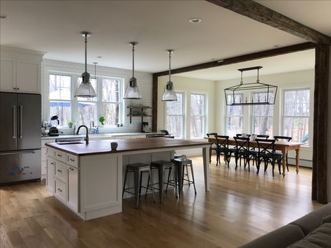 kitchen with dining area bumped out behind Sunroom Connected To Kitchen, Dining Room Behind Kitchen, Bump Out Dining Area, Large Bump Out Addition, Kitchen In Middle Of Living And Dining, Dining Room Attached To Kitchen, Living Room Bump Out, Kitchen Bump Out Addition Ideas, Dining Room Connected To Kitchen