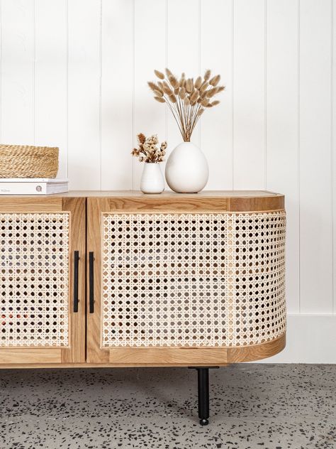 Detail shot of our Central Coast Living Room. How gorgeous is this oak and rattan TV unit? 💛 Click to see more photos of this beautiful living room Rattan Tv Unit, Natural Interiors, Home Decor Ideas Bedroom, Cane Webbing, Home Decor Wallpaper, Decor Ideas Bedroom, Decor Wallpaper, Home Outfit, Tv Unit