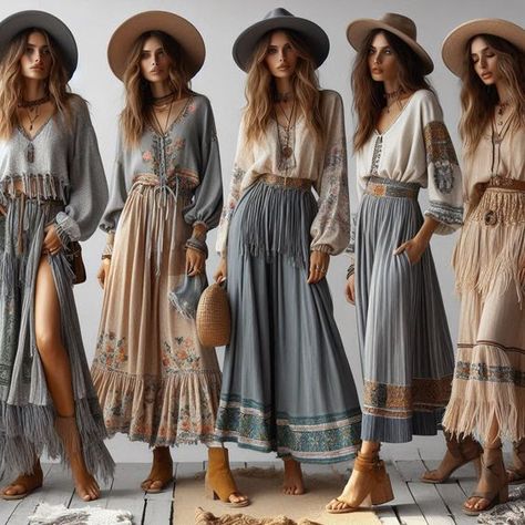 Boho chic romantic outfits in light grey & natural AI generated Boho Fashion Dresses, Boho Winter Outfits, Boho Inspiration, Ibiza Fashion, Boho Chic Dress, Boho Hippie Chic, Romantic Outfit, Dress 2024, Rock Chic