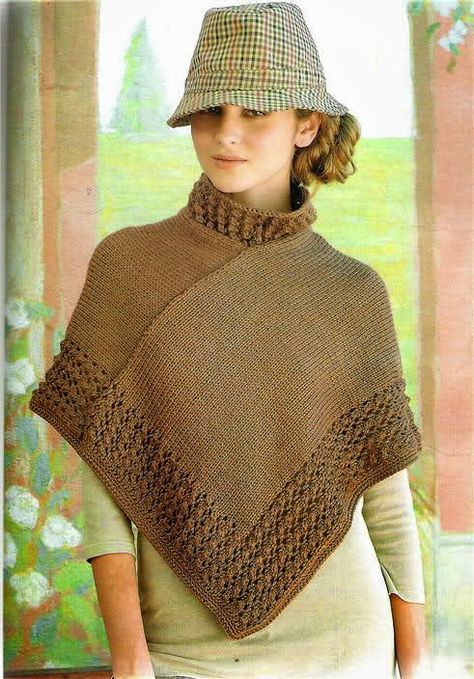 Abrigado poncho cuello alto, tejido en punto jersey a dos agujas y las terminaciones en crochet. Un... Poncho Outfit, Poncho Knitting Patterns, Knitting Machine Patterns, Kurti Designs Latest, Poncho Shawl, Baby Couture, Crochet Poncho Patterns, How To Wear A Scarf, Poncho Pattern