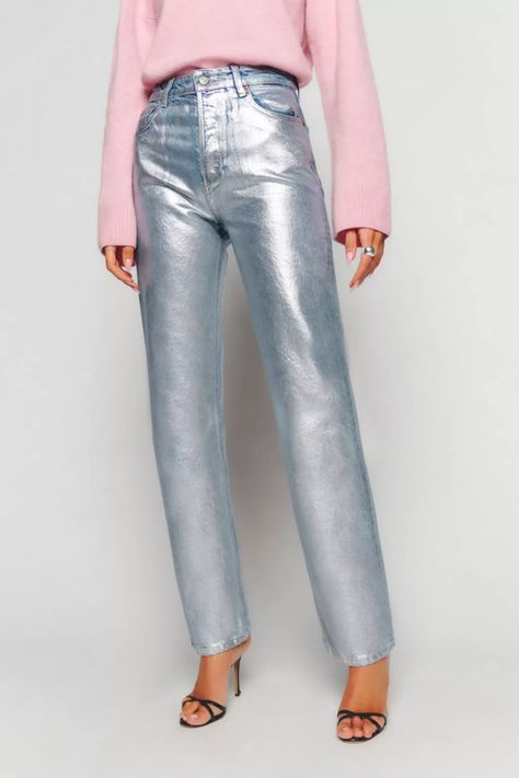 The Metallic Trend Is Huge for 2023—Here's How to Wear It | Marie Claire Metallic Denim, Reformation Jeans, Casual Chic Spring, Metallic Jeans, High Rise Bootcut Jeans, Long Jeans, Denim Fabric, High Jeans, Colored Jeans