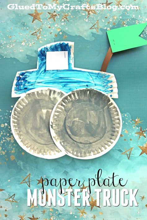 Paper Plate Monster Truck - Kid Craft Idea Craft Penguin, Craft Ladybug, Tractor Crafts, Monster Truck Art, Monster Truck Kids, Plate Crafts For Kids, Monster Truck Theme, Truck Crafts, Recycling For Kids