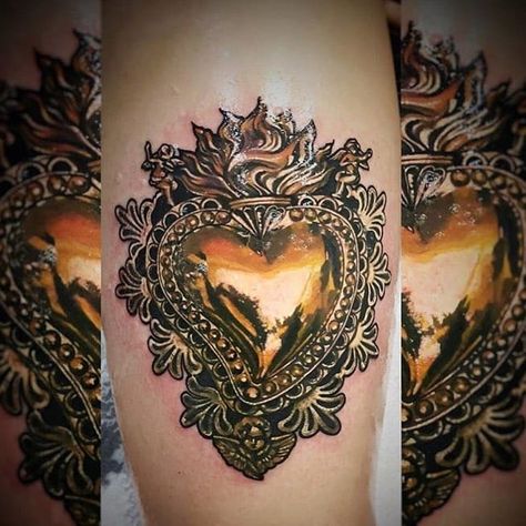 Golden heart. Tattoo by Jeliza Rose #JelizaRose #sacredhearttattoo #gold #metal #reflection #fire #angel #wings #filigree #pattern | Jun 16th 2018 | 569315 Tattoo Filigree, Heart Of Gold Tattoo, Metal Reflection, Chest Tattoo Sketches, Gold Tattoo Ink, Rose Gold Tattoo, Fire Angel, Sacred Heart Tattoos, Gold Tattoo