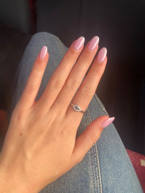 Nails Inspiration Pink Chrome, Light Pink Shiny Acrylic Nails, Light Pink Chrome Gel Nails, Milky White Pink Nails Acrylic, Sheer Sparkly Pink Nails, Subtle Pink Chrome Nails, Cute Pink Chrome Nails, Pale Pink Chrome Almond Nails, Nail Ideas Acrylic Light Pink