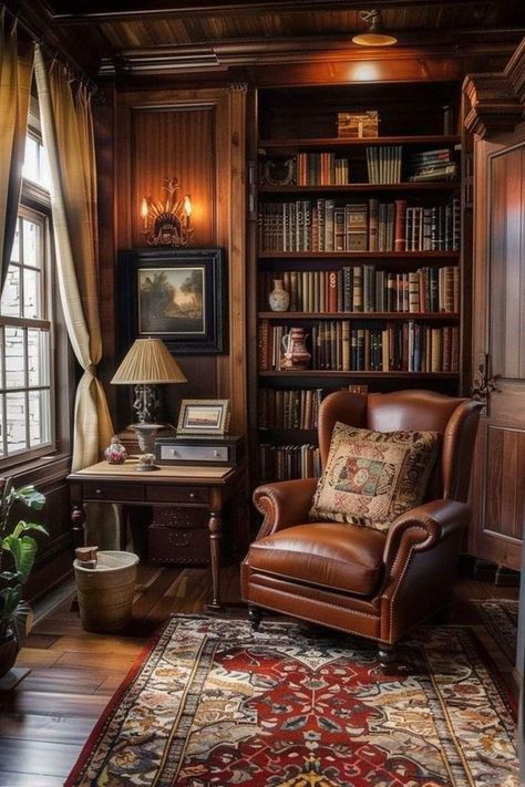 Cozy Home Library, Home Library Rooms, Home Library Design, Casa Vintage, Home Libraries, Small Home Office, Library Design, Dark Academia Aesthetic, Academia Aesthetic