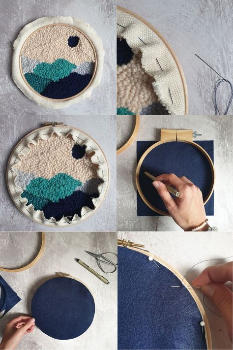 Punch Needle Finishing Ideas, How To Frame Punch Needle Art, Punch Needle Hoop, Finishing Punch Needle Projects, How To Finish Punch Needle Projects, Punch Needle Backing, How To Finish Embroidery Hoop Back, Punch Needle Embroidery Ideas, How To Display Embroidery