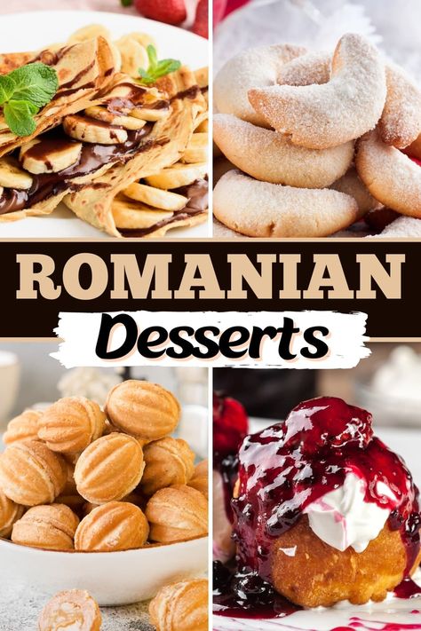 These traditional Romanian desserts are sweet, delicious, and full of so much history. From layer cakes to dumplings to pastries, bring a taste of Romania to your kitchen with these easy recipes. Romanian Food Desserts, Easy Romanian Desserts, Traditional Romanian Desserts, Romanian Cake Recipes, Romanian Christmas Cookies, Romanian Recipes Traditional, Romanian Food Recipes Traditional, Romani Food Recipes, Eastern European Recipes Desserts