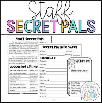 This is such a fun yearlong staff engagement activity! Each staff member is assigned a secret pal to shower with kindness throughout the year.Includes:-Secret Pal Flier for Staff-Secret Pal Information Sheet (favorites/preferences)-Bonus: Secret Pal Starbucks Order Form*PowerPoint File: In order to have the flier editable, this is a PowerPoint file and you will need software that opens this file type. Secret Coworker Game, Secret Pals For Teachers, Secret Staff Ideas, Staff Engagement Ideas Fun, Teacher Secret Pal Ideas, Staff Bonding Activities, Staff Engagement Activities, Boost Morale At Work Ideas, Staff Morale Booster Teachers