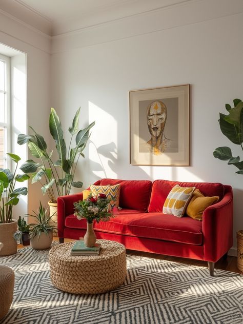 I recently helped a client select a gorgeous cherry red sofa for their living room. It became an instant conversation starter! New year, new home vibe! ✨ This Pinterest-approved color trend will give your space the ultimate refresh. From bold accents to subtle touches, explore 39 ways to bring this fabulous hue to life in your home because great design starts with great color choices! #InteriorStyle #HomeInspiration #TrendingColors #ChosenFurniture Red Couch Rug Ideas, Living Room Inspiration Red Couch, Pink Red Living Room, Red Sofa Aesthetic, Red Aesthetic Living Room, Living Room Red Couch, Red Couch Living Room Ideas, Red Sofa Decorating, Red Couch Decor