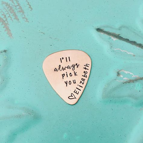 Personalized Guitar Pick - Ill Always Pick You - Custom Copper Guitar Pick - Hand Stamped Guitar Pick - Engraved Pick Mens Gift NOTE: We cannot stamp on the backs of the playable picks. Thank you. A great gift for someone who loves to play the guitar! Personalize this guitar Birthday Man, Guitar Picks Personalized, Custom Guitar Picks, Nursery Rhymes Songs, Guitar Teacher, Cheap Guitars, Rhymes Songs, Learn To Play Guitar, Custom Guitar