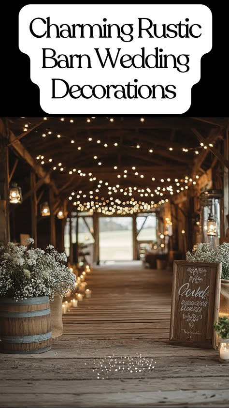 Charming rustic barn wedding decorations featuring wooden signs, burlap accents, string lights, and vintage details with earthy tones and greenery for a cozy and romantic celebration. Country Farmhouse Party Decor, Country Wedding Flowers Rustic, Head Table Rustic Wedding, Rustic Rehearsal Dinner Decorations, Rustic Wedding Decor On A Budget, Romantic Vintage Wedding Decorations, Unique Rustic Wedding Ideas, Country Western Wedding Decorations, Pole Barn Wedding